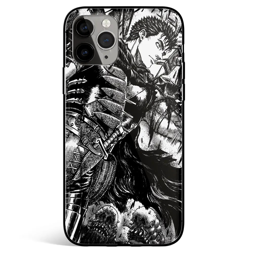 Berserk Guts Black White Sketch Tempered Glass Soft Silicone iPhone Case-Phone Case-Monkey Ninja-iPhone 17-Glass Case-Monkey Ninja