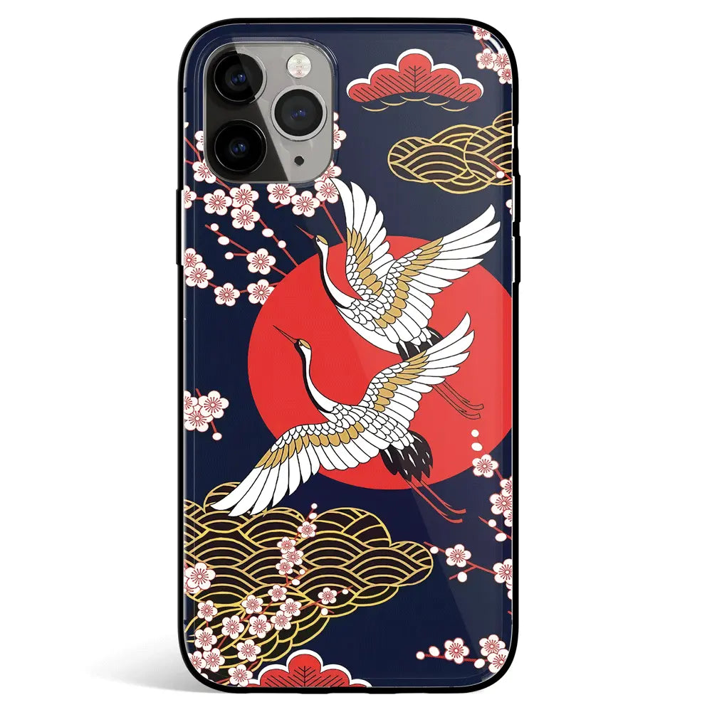 Crane Peach Blossom and Sunset iPhone Tempered Glass Soft Silicone Phone Case-Feature Print Phone Case-Monkey Ninja-iPhone 16-Glass Case-Monkey Ninja