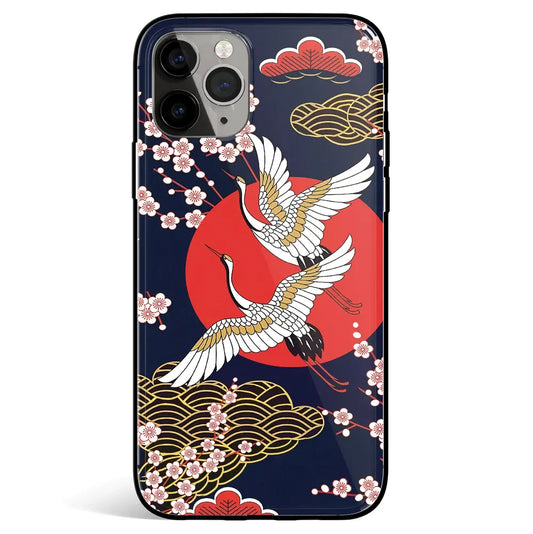 Crane Peach Blossom and Sunset iPhone Tempered Glass Soft Silicone Phone Case-Feature Print Phone Case-Monkey Ninja-iPhone 16-Glass Case-Monkey Ninja