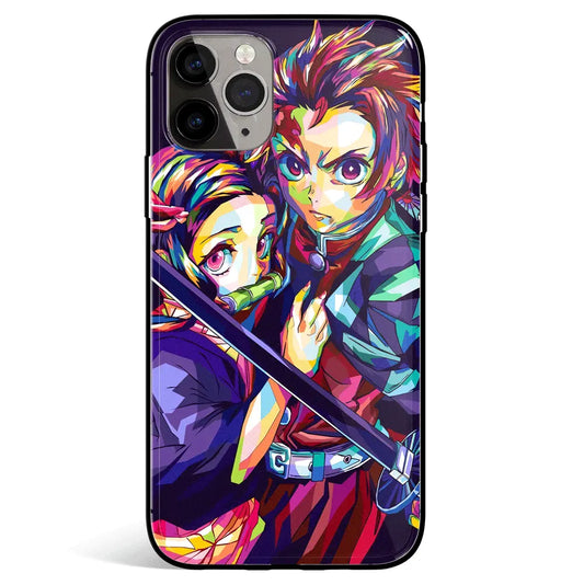 Demon Slayer Colorful Tanjiro and Nezuko Tempered Glass Soft Silicone iPhone Case-Phone Case-Monkey Ninja-iPhone 17-Glass Case-Monkey Ninja
