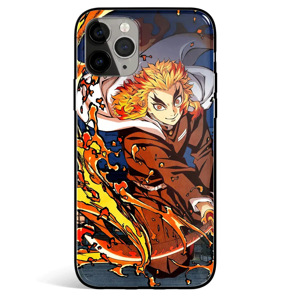 Demon Slayer Kyojuro Unknowing Fire Tempered Glass Soft Silicone iPhone Case-Phone Case-Monkey Ninja-iPhone 17-Glass Case-Monkey Ninja