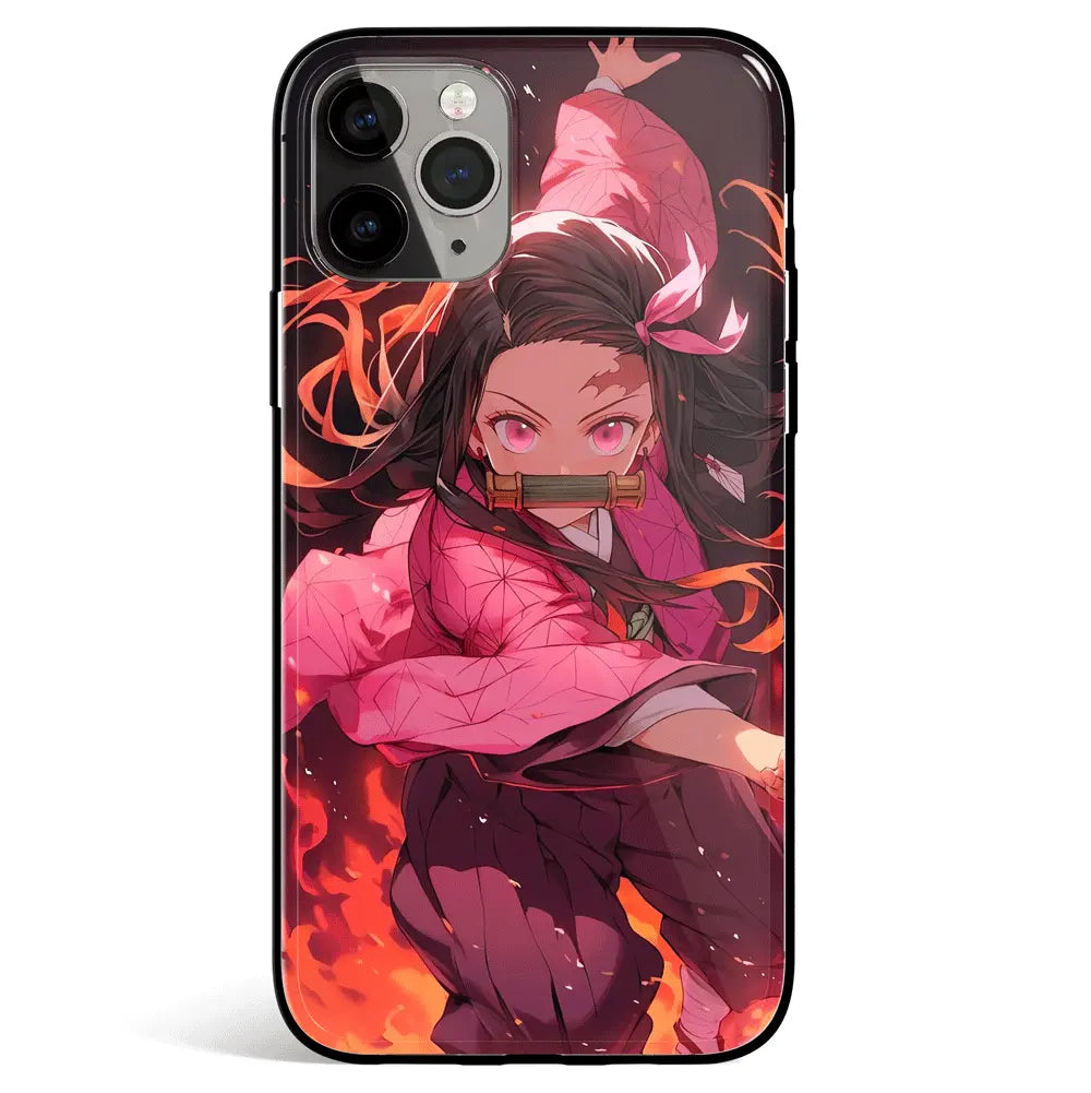 Demon Slayer Nezuko Anime Fighting Tempered Glass Soft Silicone iPhone Case-Phone Case-Monkey Ninja-iPhone 17-Glass Case-Monkey Ninja