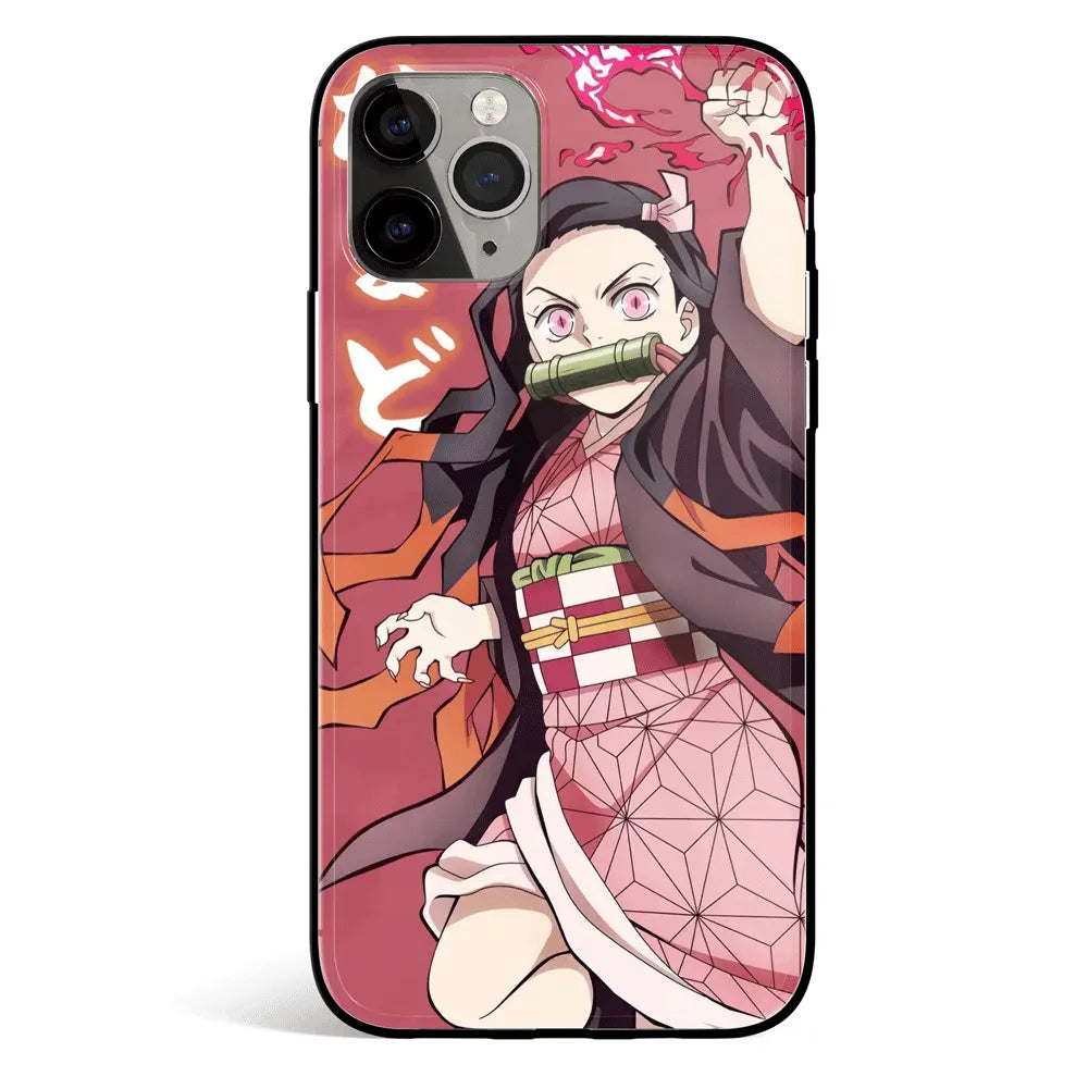 Demon Slayer Nezuko Attacking Tempered Glass Soft Silicone iPhone Case-Phone Case-Monkey Ninja-iPhone 17-Glass Case-Monkey Ninja