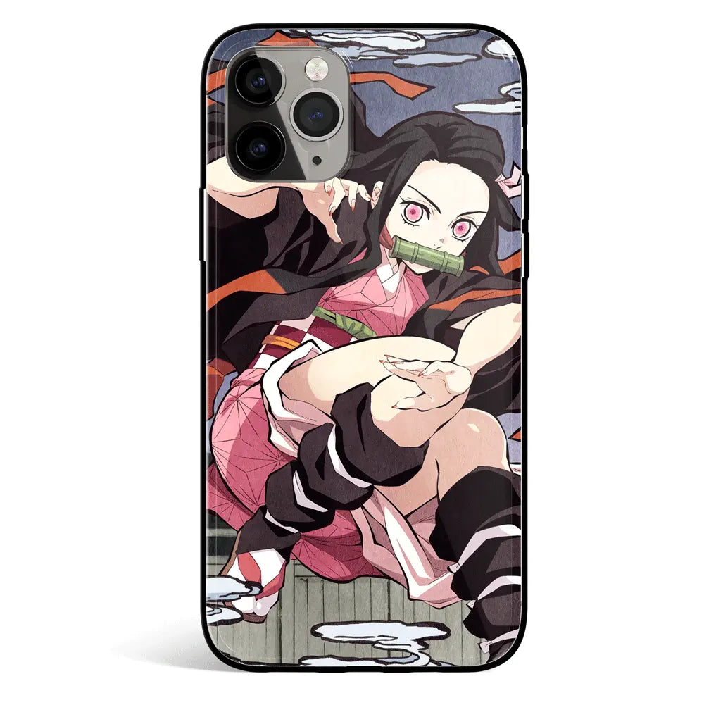 Demon Slayer Nezuko Climbing Tempered Glass Soft Silicone iPhone Case-Phone Case-Monkey Ninja-iPhone 17-Glass Case-Monkey Ninja