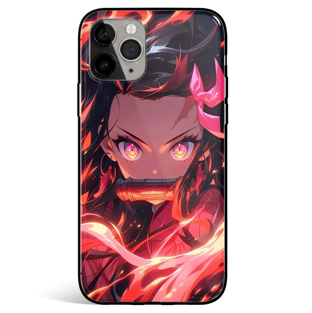 Demon Slayer Nezuko Looking at You Tempered Glass Soft Silicone iPhone Case-Phone Case-Monkey Ninja-iPhone 17-Glass Case-Monkey Ninja