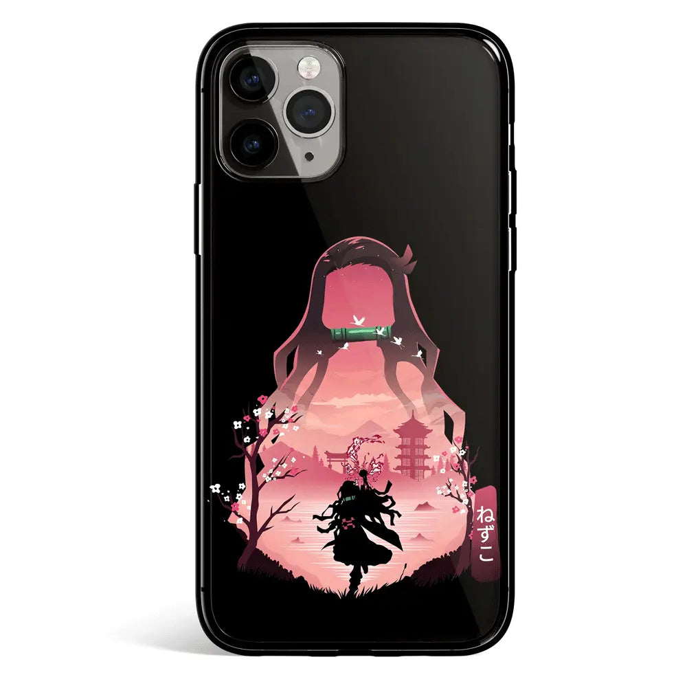 Demon Slayer Nezuko Pink Silhouette Tempered Glass Soft Silicone iPhone Case-Phone Case-Monkey Ninja-iPhone 17-Glass Case-Monkey Ninja