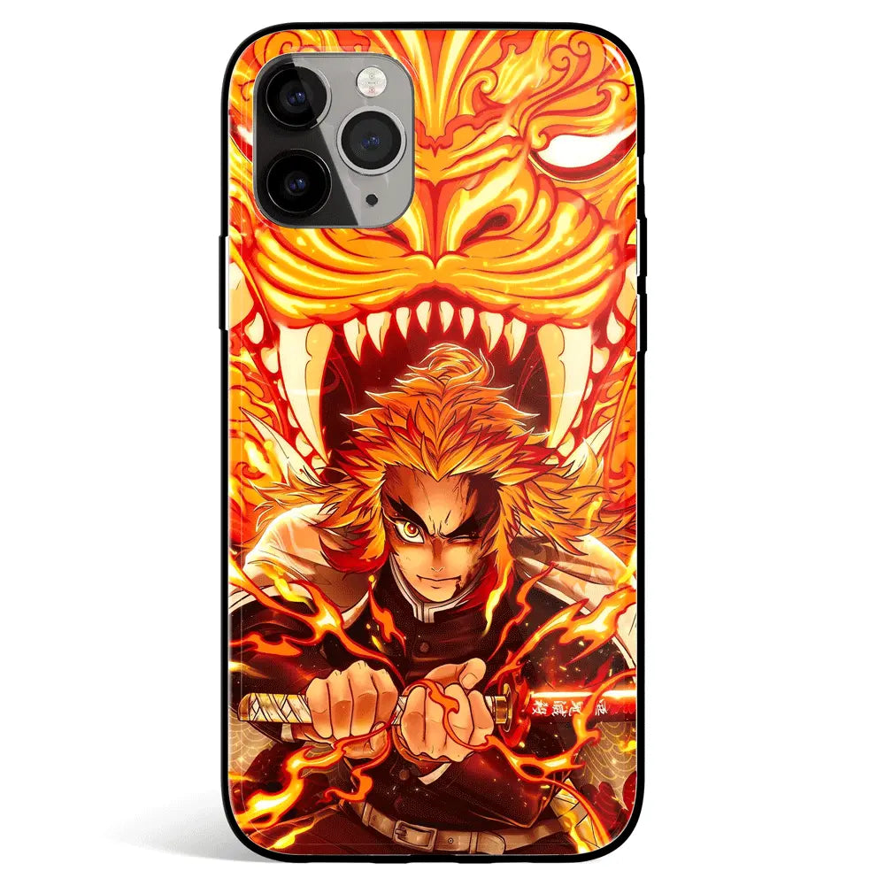 Demon Slayer Rengoku Flame Breathing Tiger Tempered Glass Soft Silicone iPhone Case-Phone Case-Monkey Ninja-iPhone 17-Glass Case-Monkey Ninja
