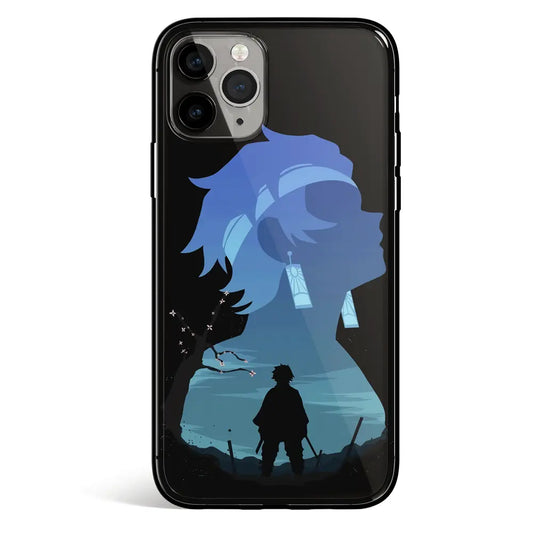 Demon Slayer Tanjiro Blue Silhouette Tempered Glass Soft Silicone iPhone Case-Phone Case-Monkey Ninja-iPhone 17-Glass Case-Monkey Ninja