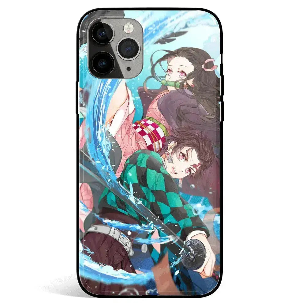 Demon Slayer Tanjiro Water Breathing and Nezuko Tempered Glass Soft Silicone iPhone Case-Phone Case-Monkey Ninja-iPhone 17-Glass Case-Monkey Ninja