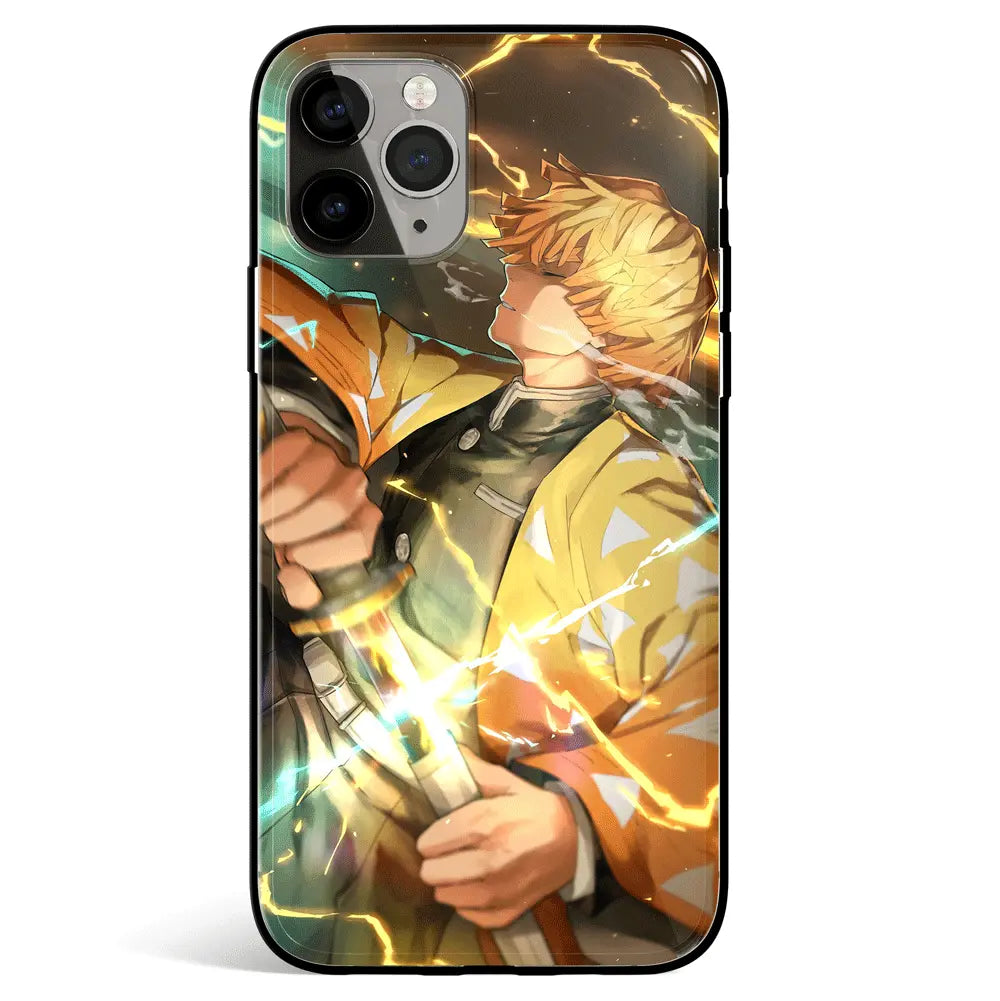 Demon Slayer Zenitsu Agatsuma Thunder Breathing Tempered Glass Soft Silicone iPhone Case-Phone Case-Monkey Ninja-iPhone 17-Glass Case-Monkey Ninja