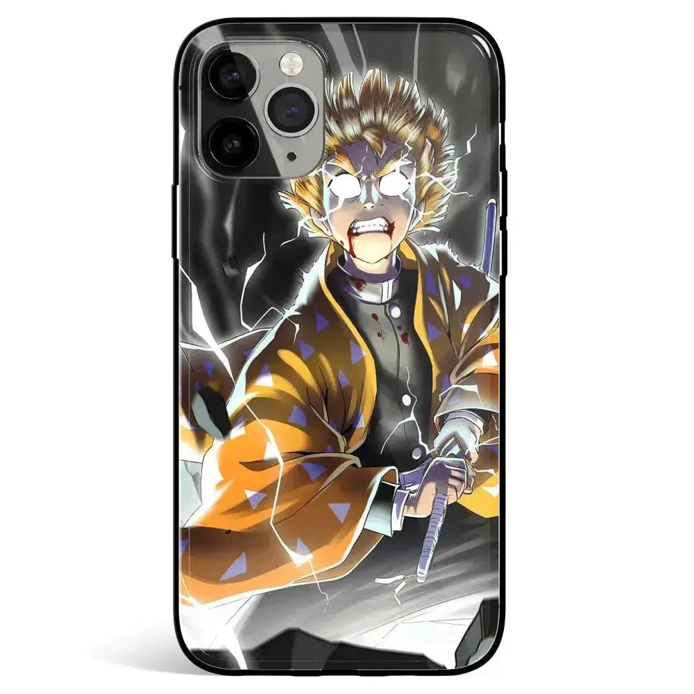 Demon Slayer Zenitsu Godspeed Lightning Burst 1 Tempered Glass Soft Silicone iPhone Case-Phone Case-Monkey Ninja-iPhone 17-Glass Case-Monkey Ninja