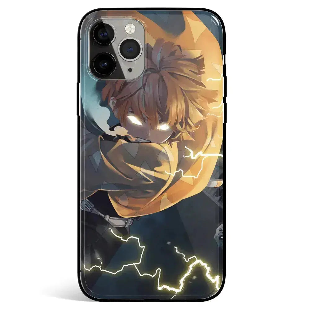 Demon Slayer Zenitsu Godspeed Lightning Burst 2 Tempered Glass Soft Silicone iPhone Case-Phone Case-Monkey Ninja-iPhone 17-Glass Case-Monkey Ninja