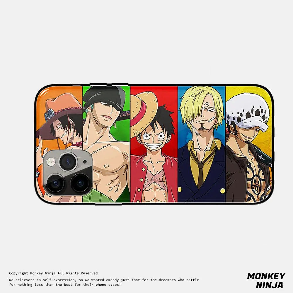One Piece Anime Luffy Crew Zoro Ace Sanji Law Tempered Glass Soft Silicone iPhone Case-Phone Case-Monkey Ninja-iPhone 17-Glass Case-Monkey Ninja