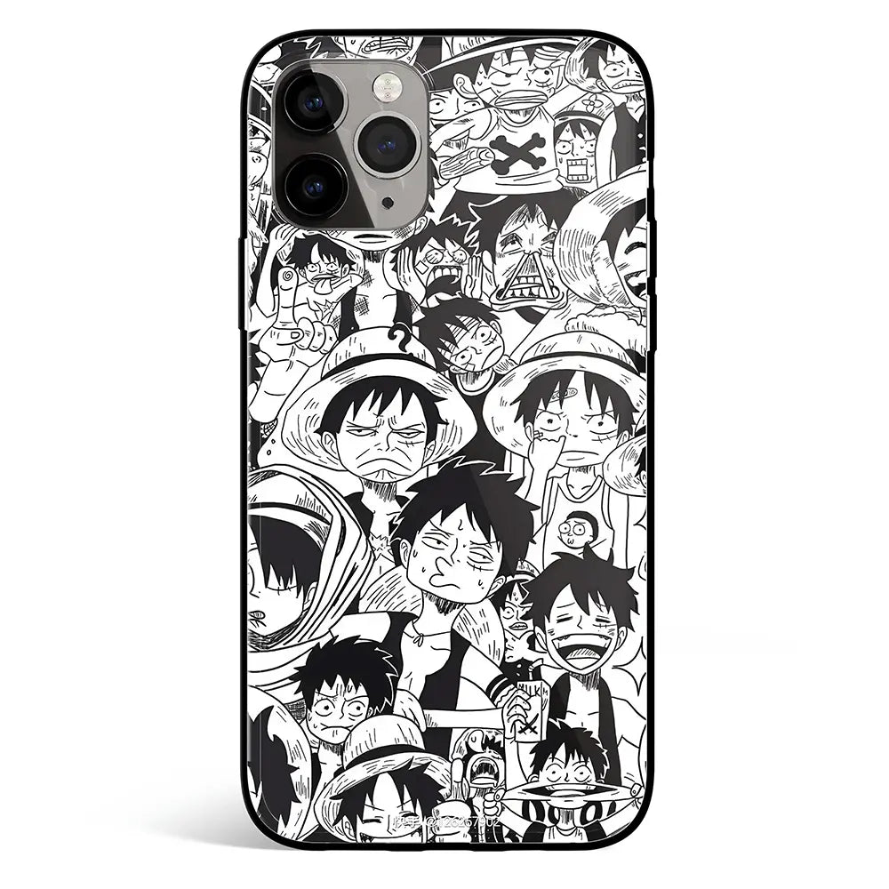 One Piece Luffy Emoji Memes Face Sketches iPhone Tempered Glass Soft Silicone Phone Case-Phone Case-Monkey Ninja-iPhone 17-Glass Case-Monkey Ninja
