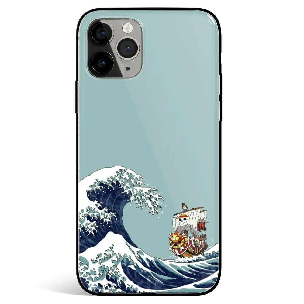One Piece Thousand Sunny & Great Wave off Kanagawa iPhone Tempered Glass Soft Silicone Phone Case-Phone Case-Monkey Ninja-iPhone 17-Glass Case-Monkey Ninja