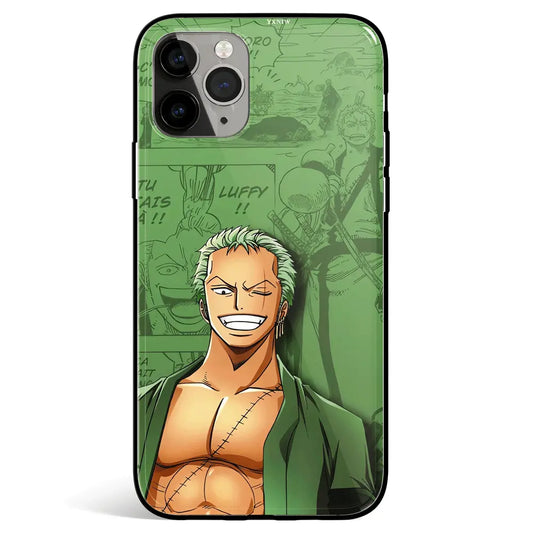 One Piece Zoro Green Manga Background Tempered Glass Soft Silicone iPhone Case-Phone Case-Monkey Ninja-iPhone 17-Glass Case-Monkey Ninja
