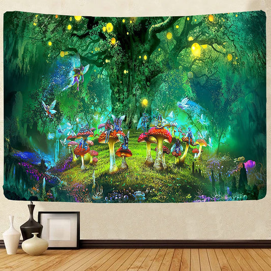 Psychedelic Forest Elves and Mushrooms Tapestry