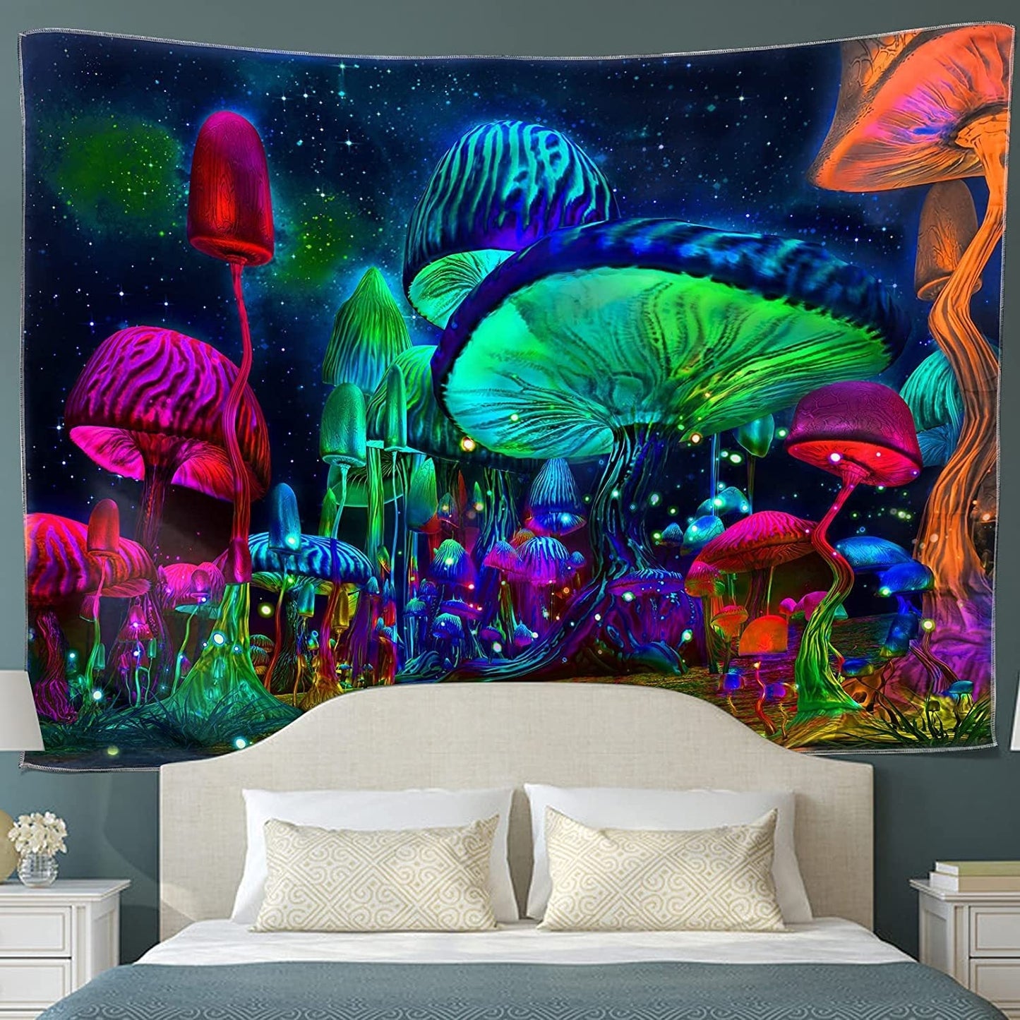Trippy Colorful Galaxy Mushroom Tapestry