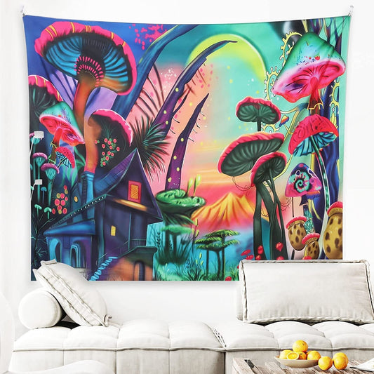 Countryside House Colorful Mushroom Tapestry