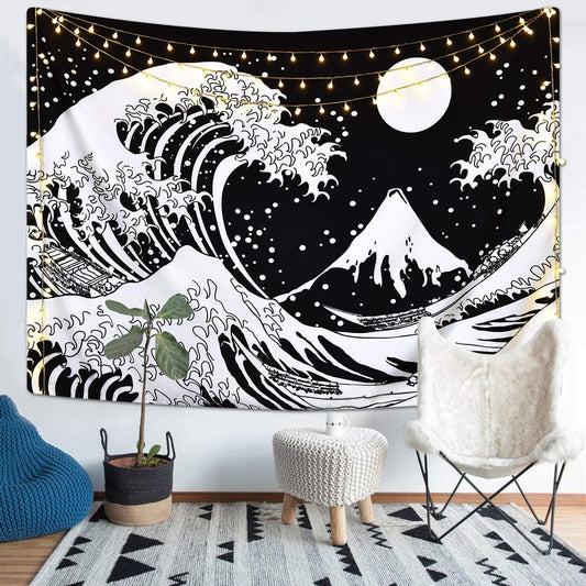 Kanagawa Surfing Black White Tapestry-Taspetry-Monkey Ninja-100cm * 150cm-Monkey Ninja