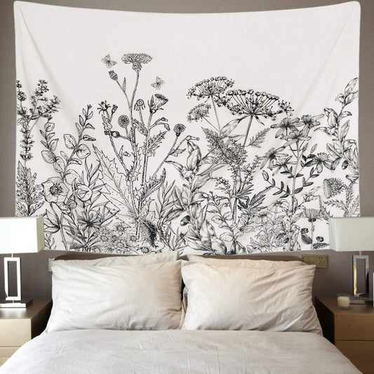 Flower Garden Black White Tapestry