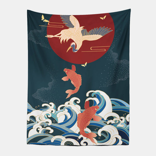 Chinese Japanese Style Carp and Crane Tapestry