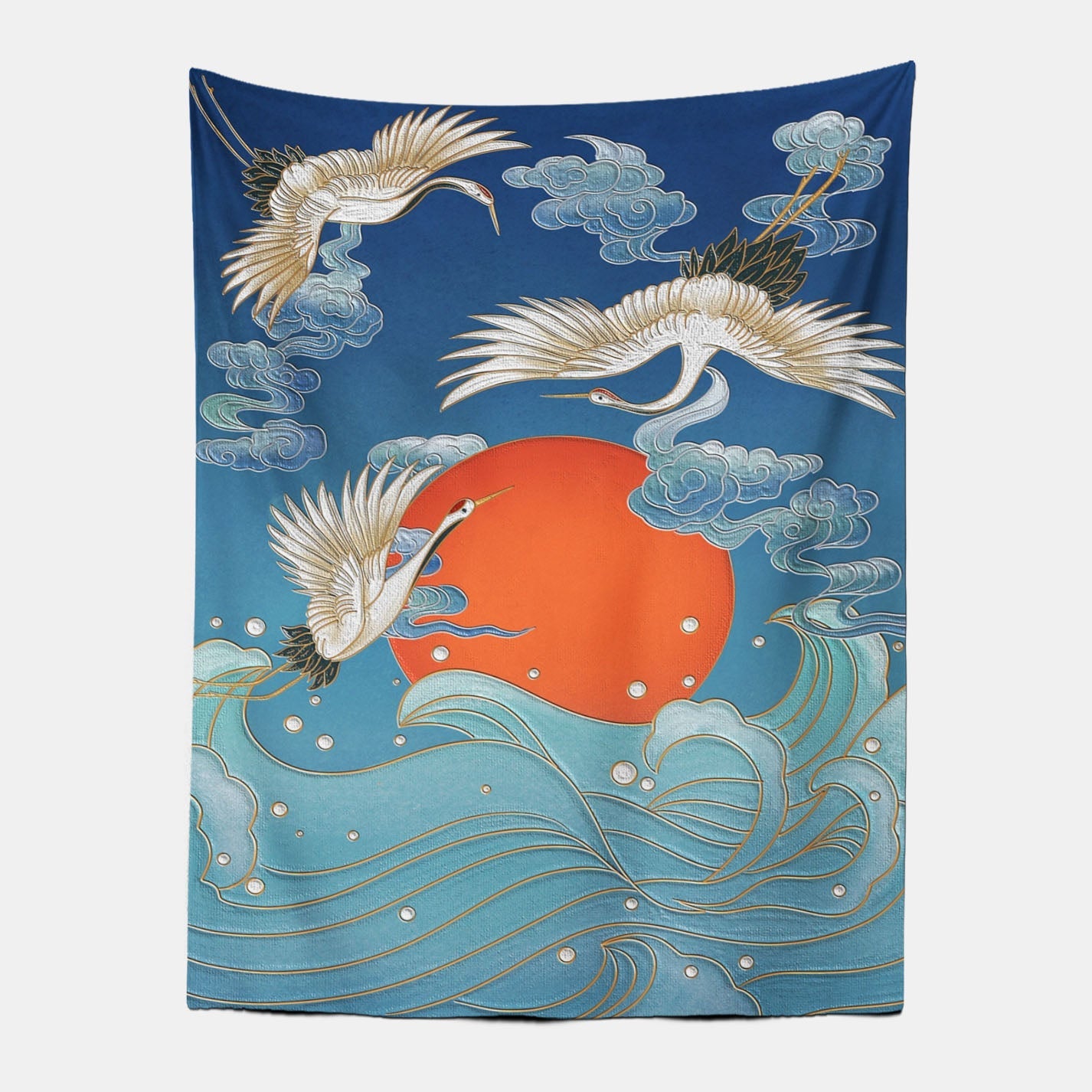 Chinese Japanese Style Crane and Waves Tapestry