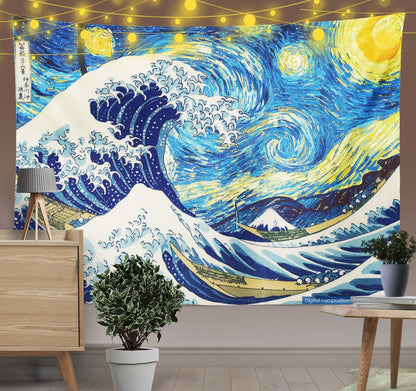 Japanese Ukiyoe Style Starry& Waves Tapestry