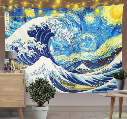 Japanese Ukiyoe Style Starry& Waves Tapestry-Taspetry-Wallarts Lab-100cm * 150cm-Monkey Ninja