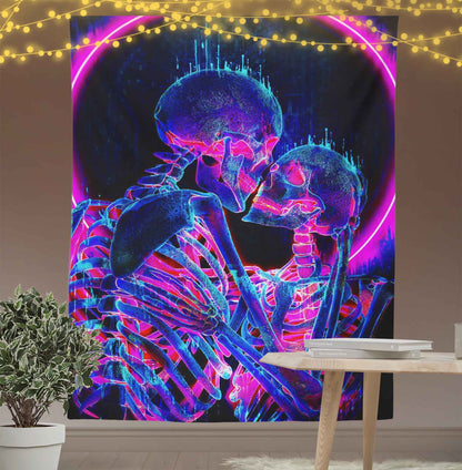 Flaming Kissing Skeleton Tapestry