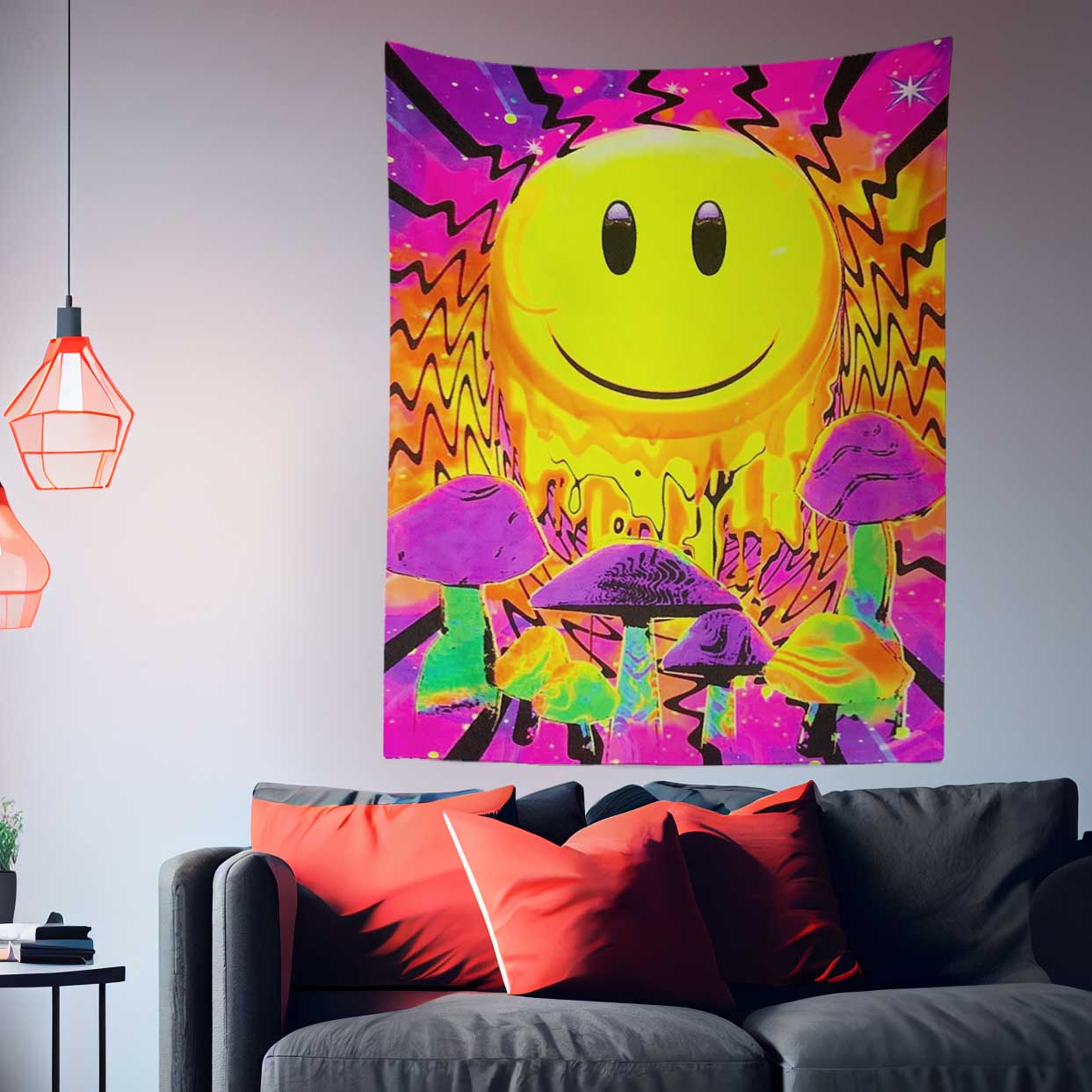 Trippy Smile and Mushroom Tapestry