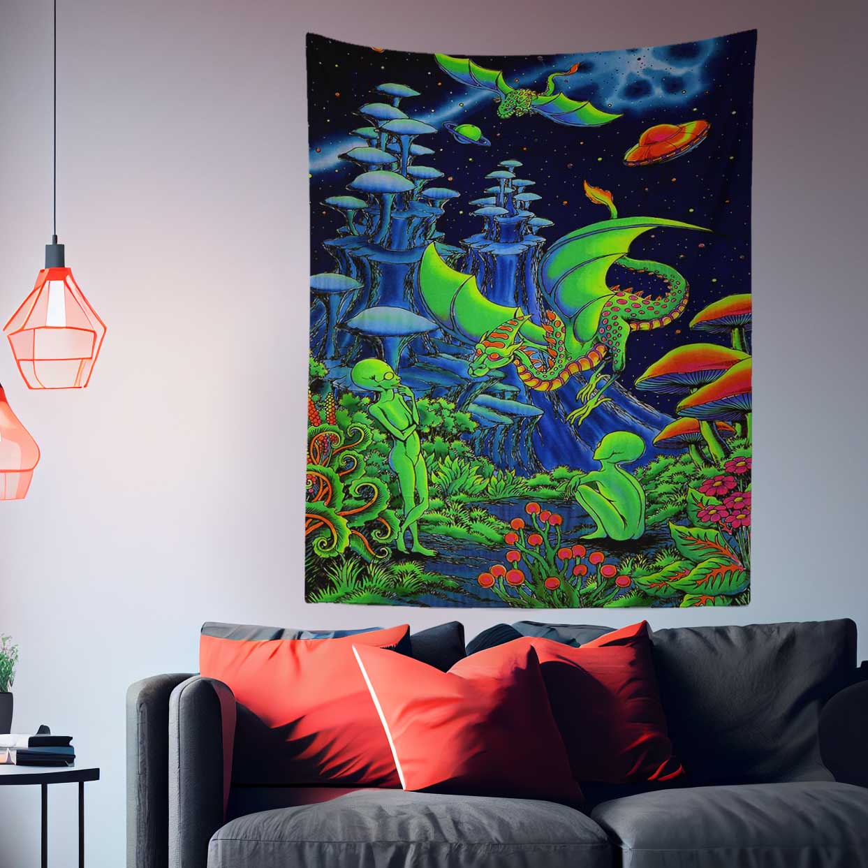Trippy Alien and Dragon Tapestry