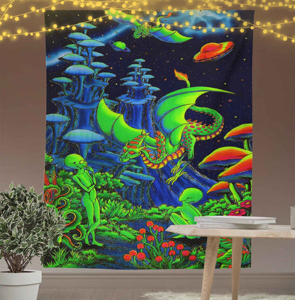 Trippy Alien and Dragon Tapestry