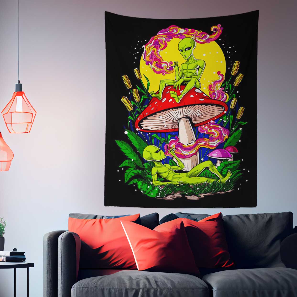 Trippy Alien With Mushroom Wall Art Tapestry