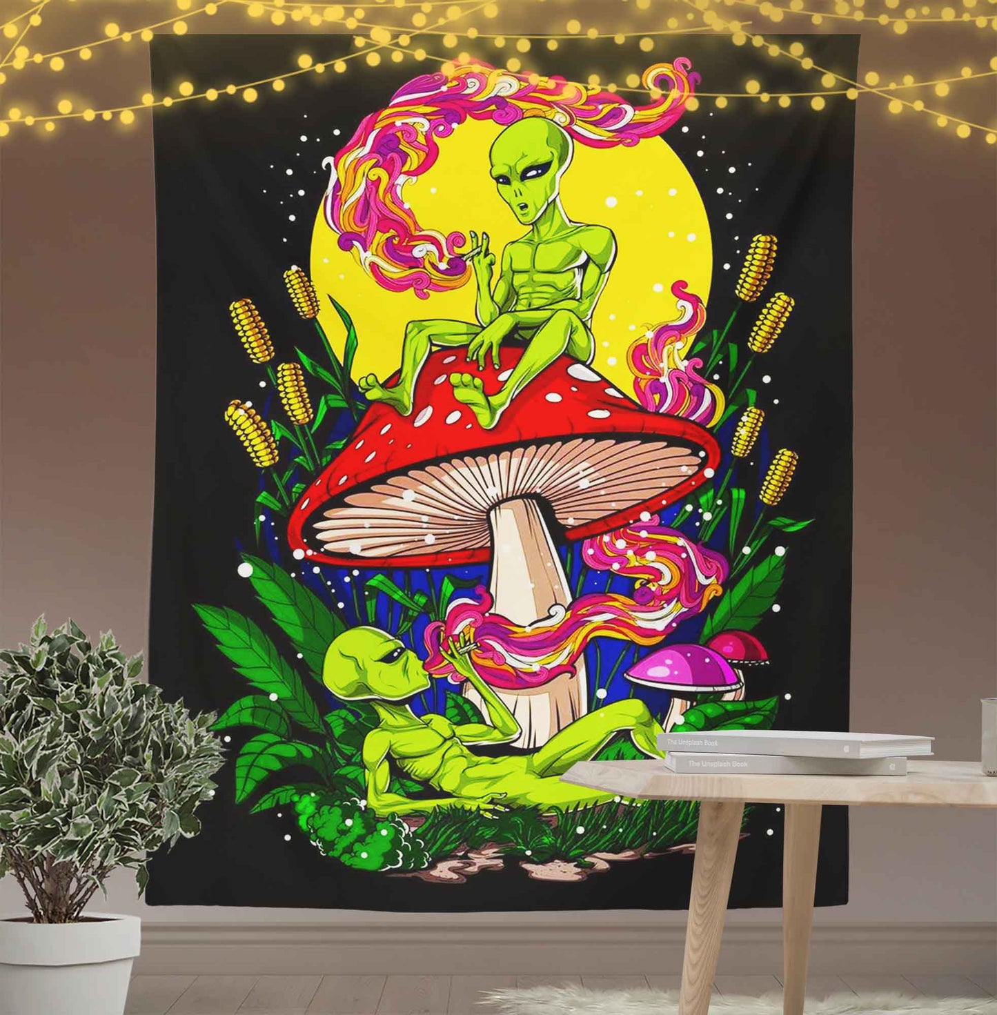 Trippy Alien With Mushroom Wall Art Tapestry