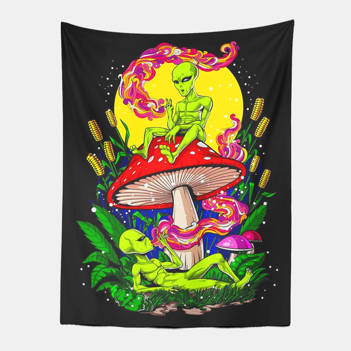 Trippy Alien With Mushroom Wall Art Tapestry