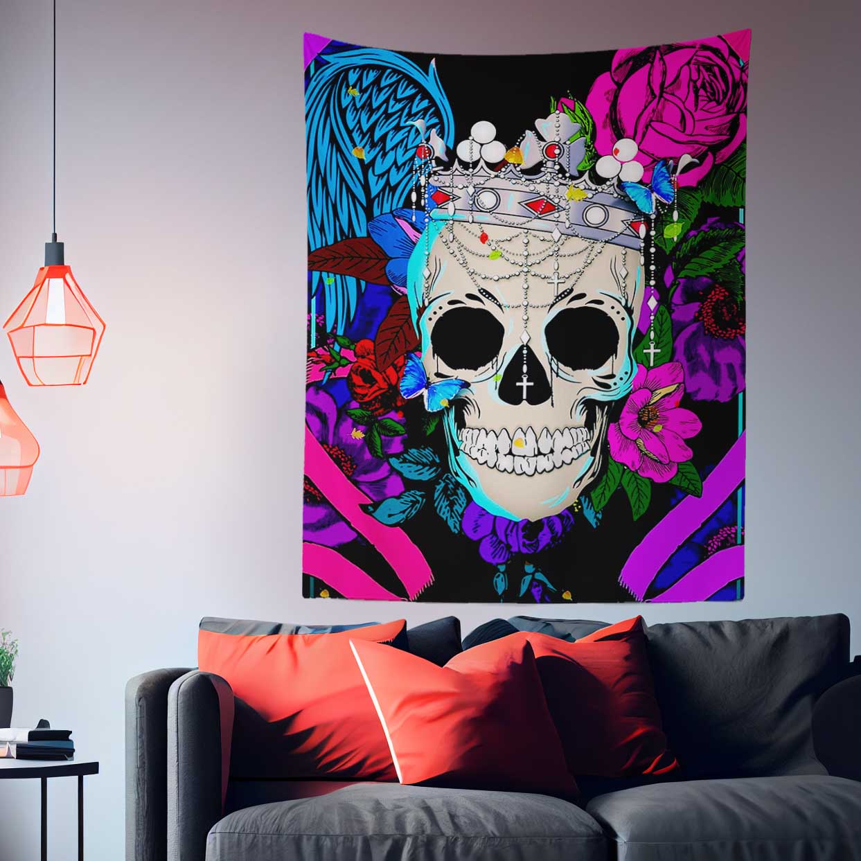Gothic Floral Skull Wall Art Tapestry