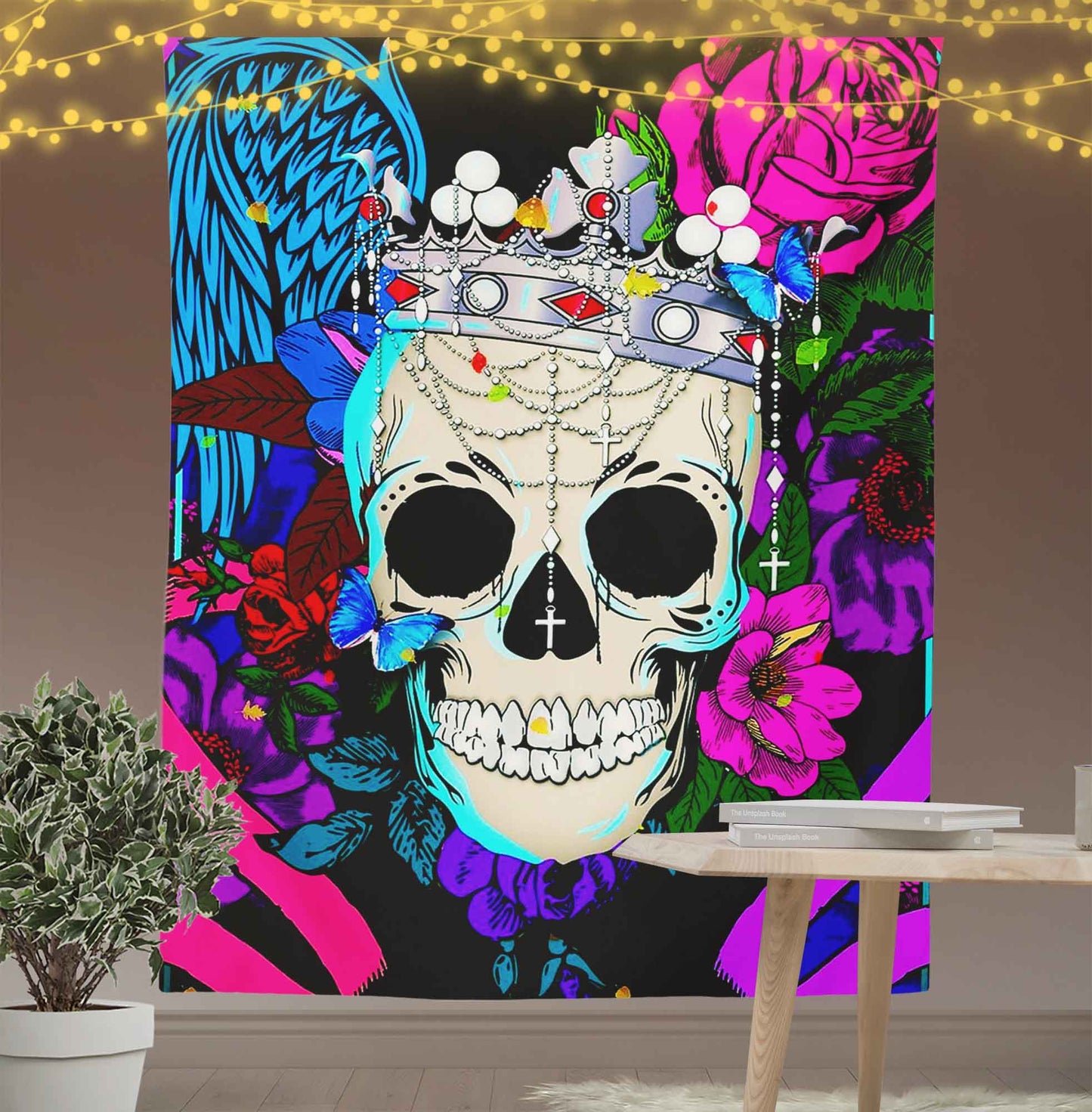 Gothic Floral Skull Wall Art Tapestry