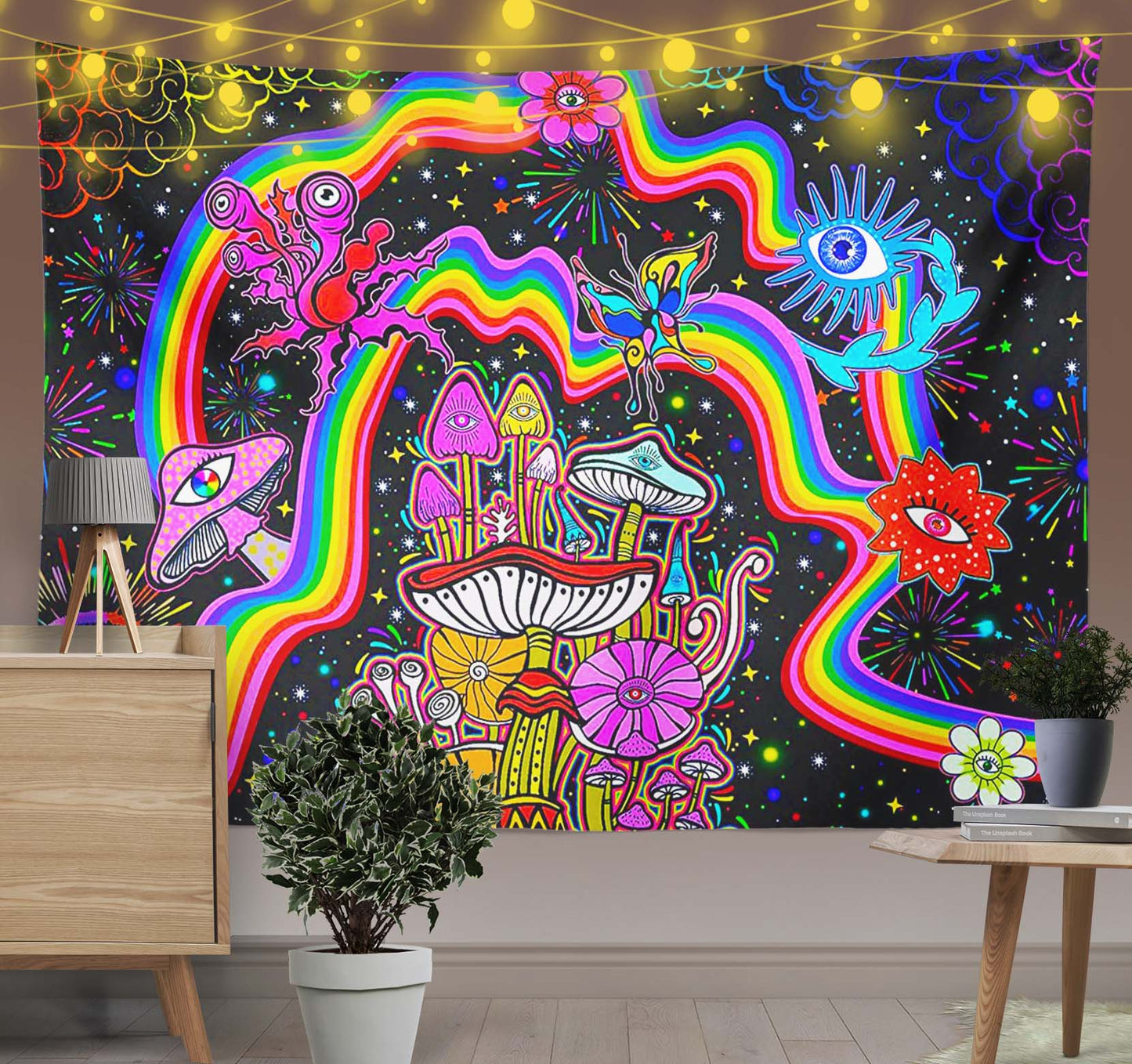 Trippy Rainbow Mushroom Tapestry