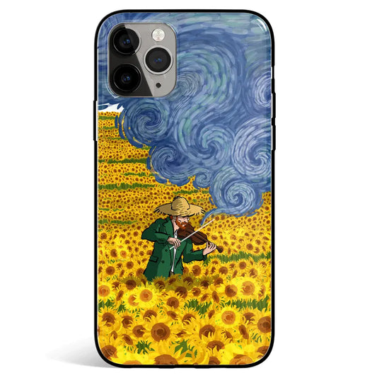 Van Gogh Playing the Violin in Sunflower Field Tempered Glass Soft Silicone iPhone Case-Feature Print Phone Case-Monkey Ninja-iPhone 17-Glass Case-Monkey Ninja