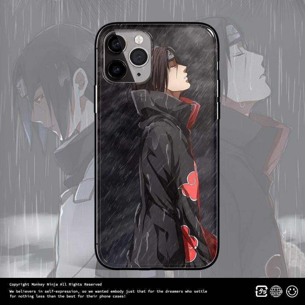 Itachi In the Rain with Akatsuki Cloak Tempered Glass Soft Silicone iPhone Case